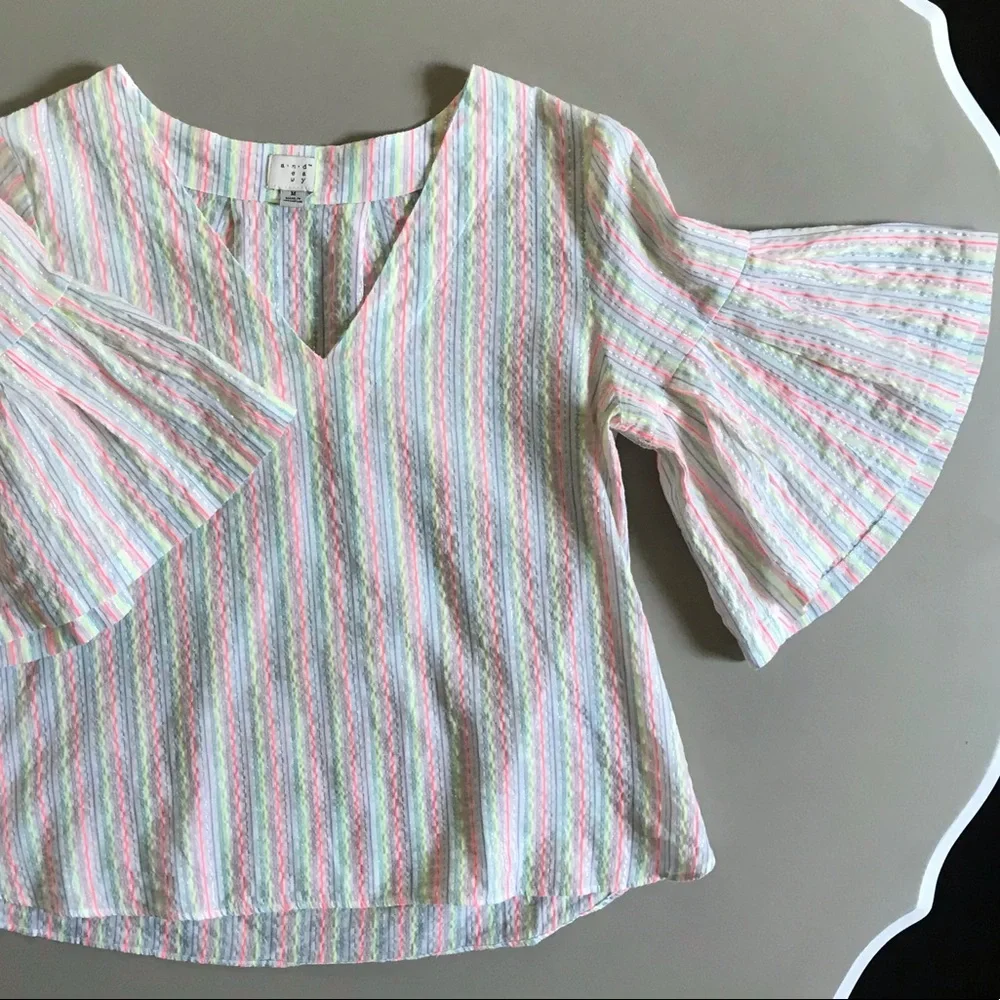 A NEW DAY Seersucker Ruffle Bell Sleeve Metallic Sparkle Neon Striped Blouse - Picture 5 of 9